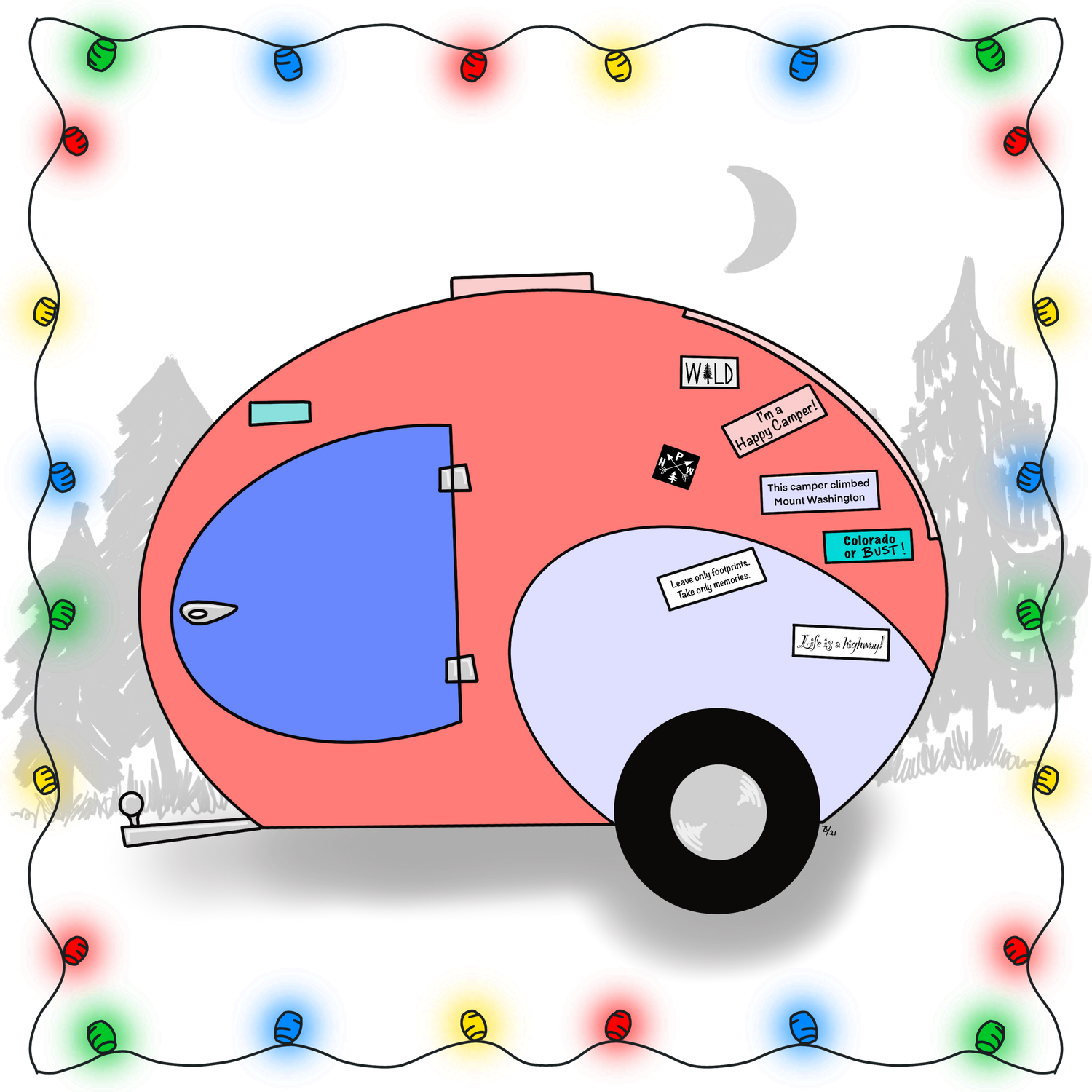 An ode to those who camp! A sneak peek into the creating of the The Camper Collection. A digital illustration of an egg shaped camper complete with travel stickers! Artwork by Bridget M. Designs.